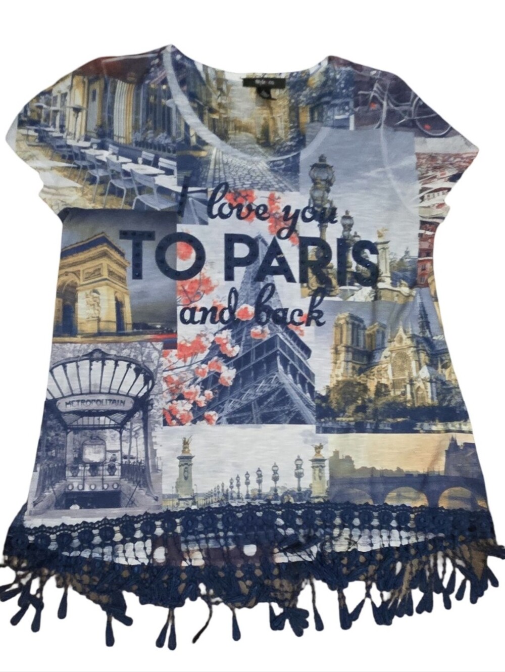 Style & Co. 'Love You to Paris and Back' Graphic Fringe Tee - Blue, Navy, Cream